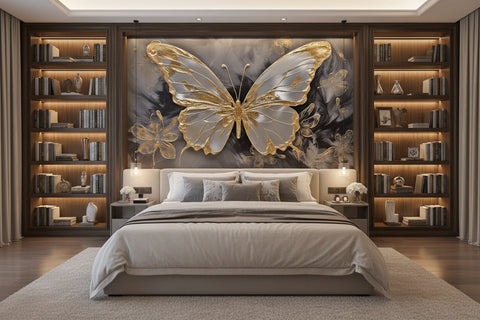 Image of Spectacular Gold and Silk Butterfly Wallpaper Mural, Custom Sizes Available