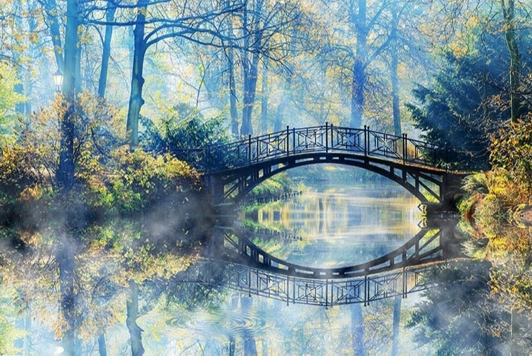Idyllic Bridge Reflection Wallpaper Mural, Custom Sizes Available