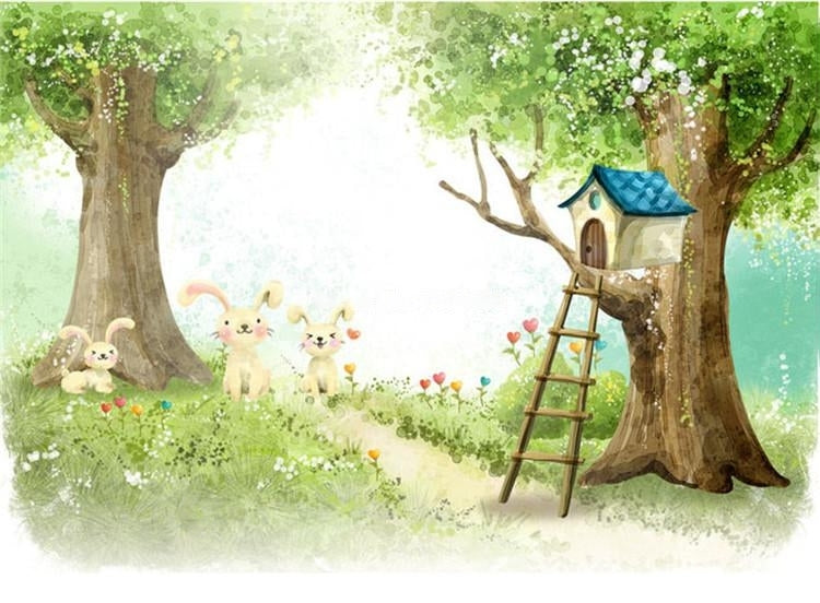 Cute Cartoon Bunnies and Trees Kid's Wallpaper Mural, Custom Sizes Available