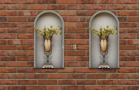 Image of Beautiful Floral Vases In Niches Brick Wall Wallpaper Mural, Custom Sizes Available