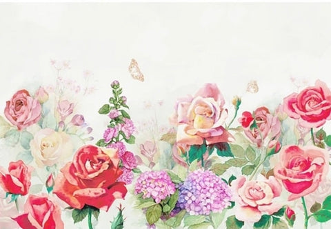 Image of Beautifully Hand-Painted Watercolor Roses and Hydrangeas Wallpaper Mural, Custom Sizes Available