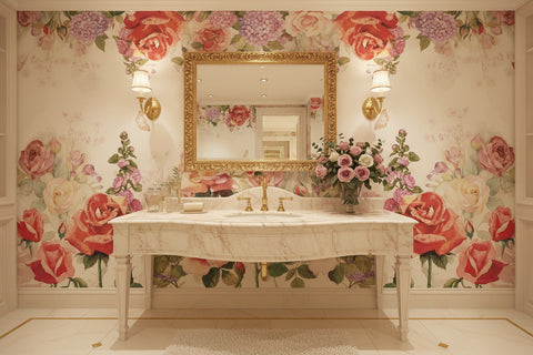 Image of Beautifully Hand-Painted Watercolor Roses and Hydrangeas Wallpaper Mural, Custom Sizes Available