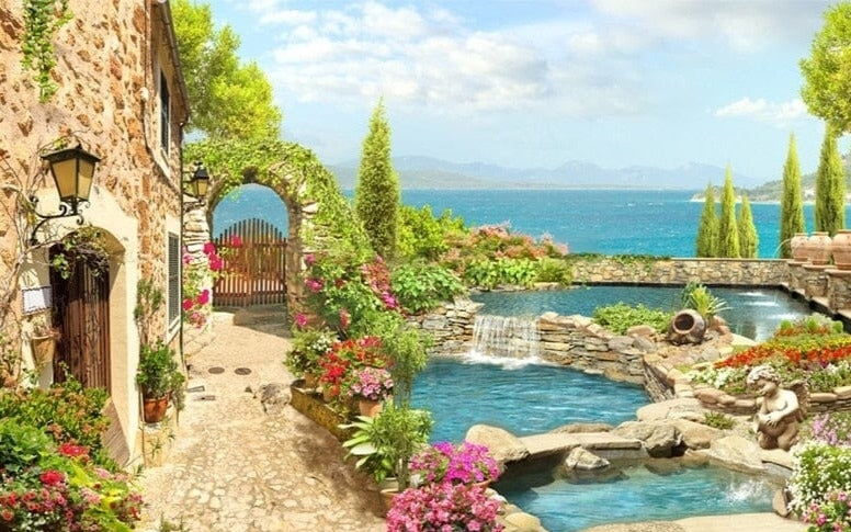 Italian Villa By the Sea Wallpaper Mural, Custom Sizes Available