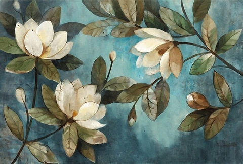 Image of Mural de papel pintado de magnolias de pintura europea, tamaños personalizados disponibles