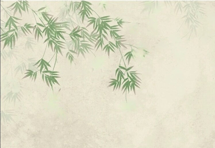 Hand-Painted Green Bamboo Leaves Wallpaper Mural, Custom Sizes Available