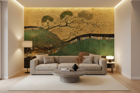 Image of Abstract Hills and Trees Landscape Wallpaper Mural, Custom Sizes Available