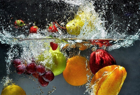 Image of Refreshing Fruit Splashing Into Water Wallpaper Mural, Custom Sizes Available