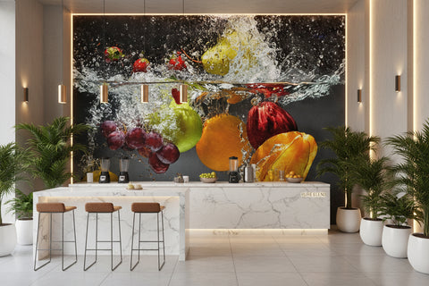 Image of Refreshing Fruit Splashing Into Water Wallpaper Mural, Custom Sizes Available