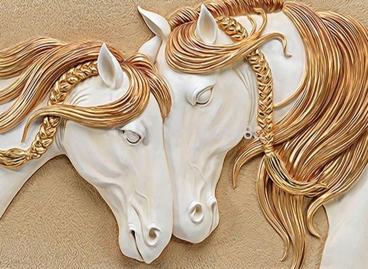 Gold and White Horses Sculpture Relief Wallpaper Mural, Custom Sizes Available