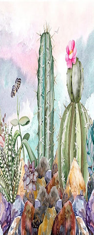 Image of Hand-Painted Watercolor Cactus Wallpaper Mural, Custom Sizes Available