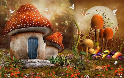 Image of Whimsical Mushroom House Wallpaper Mural, Custom Sizes Available