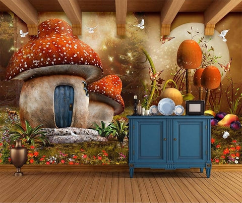 Image of Whimsical Mushroom House Wallpaper Mural, Custom Sizes Available