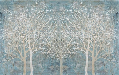 Image of Nordic Style White Tree Branches On Blue Wallpaper Mural, Custom Sizes Available