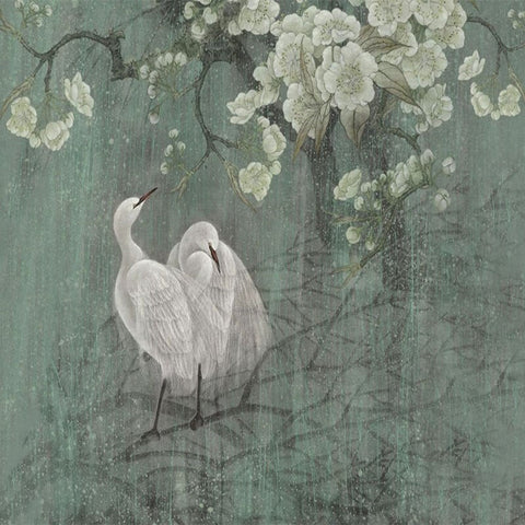 Image of Retro Cranes and Blossoms Wallpaper Mural, Custom Sizes Available