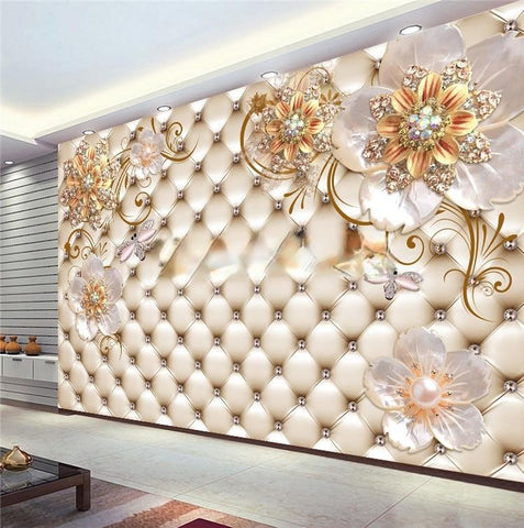 Image of Beige Crystal Flower with Tufted Background Wall Mural, Custom Sizes Available