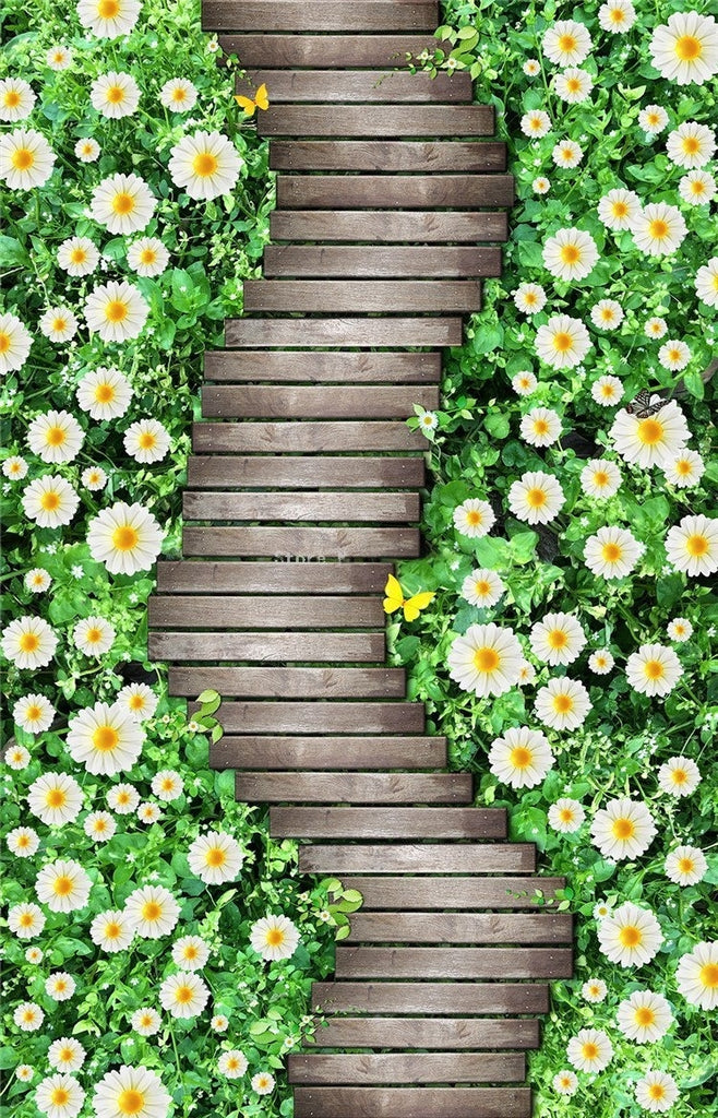 Wooden Path Bordered By Daisies Self Adhesive Floor Mural, Custom Sizes Available