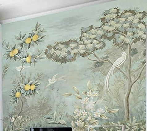 Image of Mural retro de pájaros, limones y árboles, tamaños personalizados disponibles