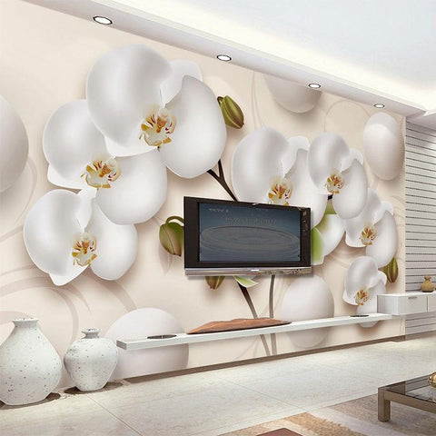 Image of 3-D White Orchid Wallpaper Mural, Custom Sizes Available Household-Wallpaper Maughon's