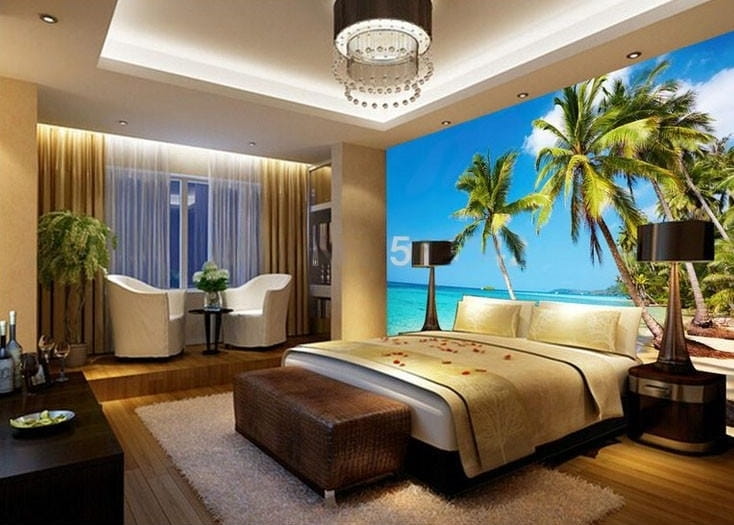 Sunshine Sea Water Beach Coconut Tree Wallpaper Mural, Custom Sizes Available