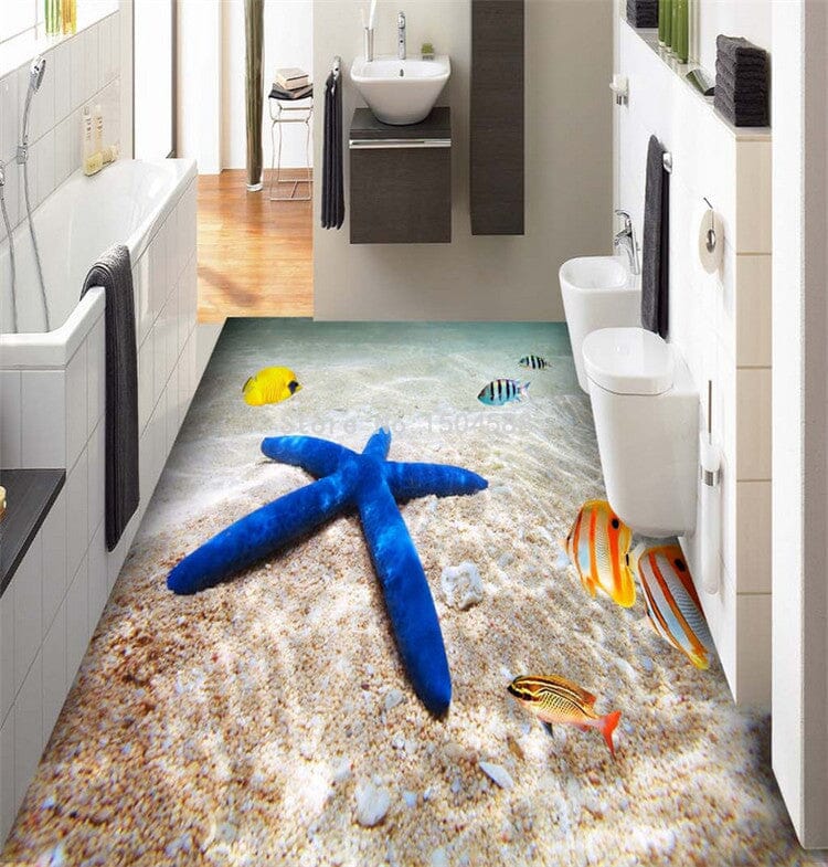 3D Blue Starfish and Tropical Fish Self Adhesive Floor Mural, Custom Sizes Available Floor Murals Maughon's