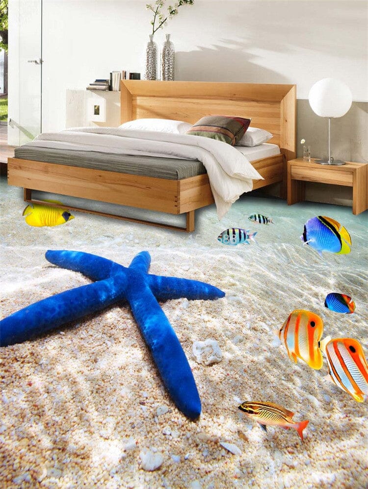 3D Blue Starfish and Tropical Fish Self Adhesive Floor Mural, Custom Sizes Available Floor Murals Maughon's