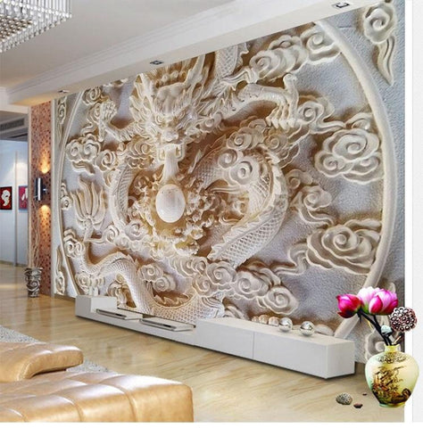 Image of 3D Chinese Dragon Relief Wallpaper Mural, Custom Sizes Available Household-Wallpaper Maughon's