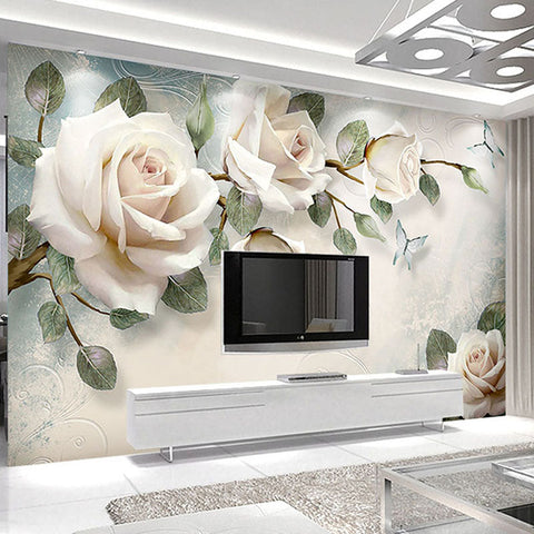 Image of 3D Hand-Painted White Roses Wallpaper Mural, Custom Sizes Available Wall Murals Maughon's