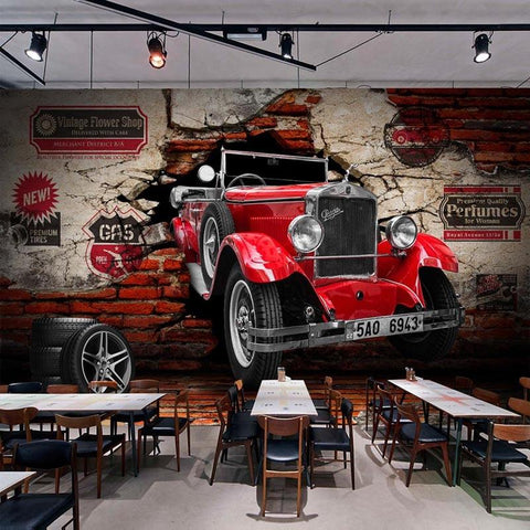 Image of 3D Retro Red Car on Brick Wall Wallpaper Mural, Custom Sizes Available Maughon's