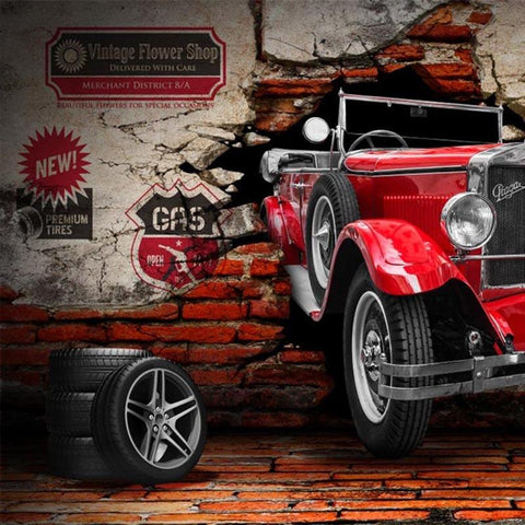 Image of 3D Retro Red Car on Brick Wall Wallpaper Mural, Custom Sizes Available Maughon's