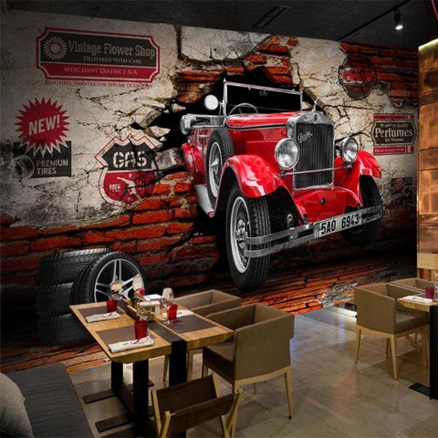 Image of 3D Retro Red Car on Brick Wall Wallpaper Mural, Custom Sizes Available Maughon's