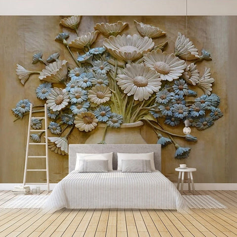 Image of 3D Vase of Blue and White Flowers Wallpaper Mural, Custom Sizes Available Wall Murals Maughon's