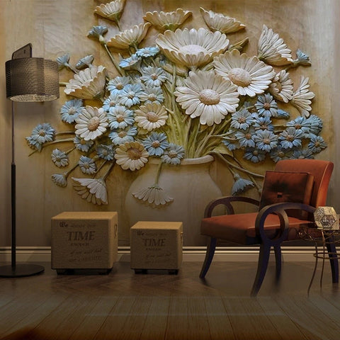 Image of 3D Vase of Blue and White Flowers Wallpaper Mural, Custom Sizes Available Wall Murals Maughon's