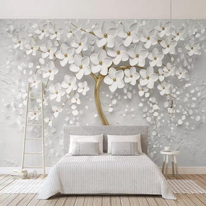 3D White Flowers Painting Wallpaper Mural, Custom Sizes Available