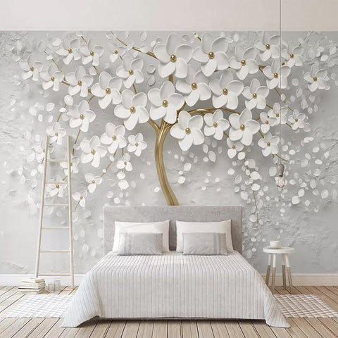Image of 3D White Flowers Painting Wallpaper Mural, Custom Sizes Available Household-Wallpaper Maughon's