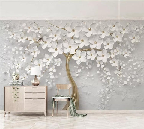 Image of 3D White Flowers Painting Wallpaper Mural, Custom Sizes Available Wall Murals Maughon's