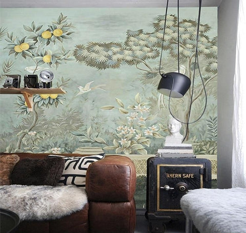 Image of Mural retro de pájaros, limones y árboles, tamaños personalizados disponibles