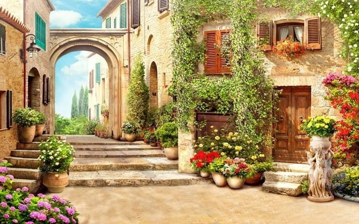 Quaint Arch And Italian Street View Wallpaper Mural, Custom Sizes Available
