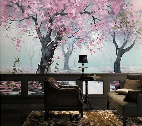 Image of Enchanting Hand-Painted Flowering Cherry Trees Wallpaper Mural, Custom Sizes Available