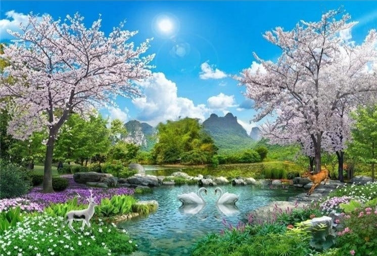 Idyllic Swan Lake Wallpaper Mural, Custom Sizes Available