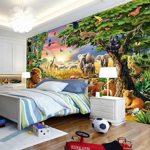 Image of Cartoon Grassland Animals, Lion, Zebra Wallpaper Mural, Custom Sizes Available