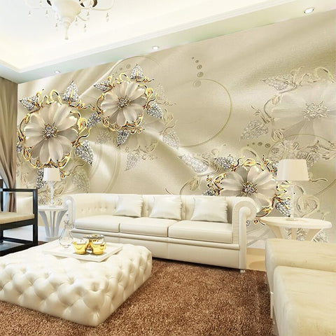 Image of 3D European Style Diamond Golden Flower Wallpaper Mural, Custom Sizes Available