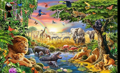 Image of Cartoon Grassland Animals, Lion, Zebra Wallpaper Mural, Custom Sizes Available