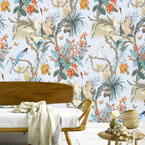 Image of Elegant Tropical Birds and Flora Wallpaper Mural, Custom Sizes Available