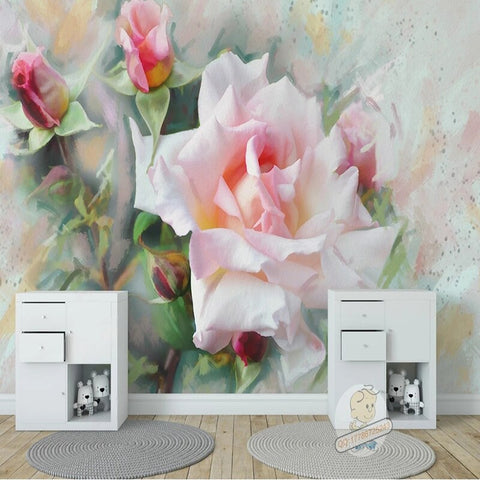 Image of Beautiful Large Pink Rose and Buds Wallpaper Mural, Custom Sizes Available