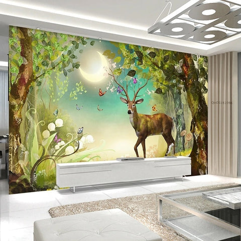 Image of Enchanting Deer and Moon Fantasy Wallpaper Mural, Custom Sizes Available