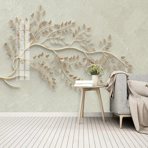 Image of 3D Tan Branch With Leaves Wallpaper Mural, Custom Sizes Available