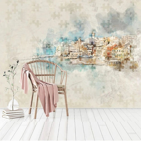 Image of Quaint Watercolor European Seaside Village Puzzle Mural, Custom Sizes Available