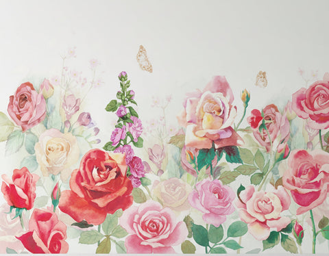 Image of Beautifully Hand-Painted Watercolor Roses and Hydrangeas Wallpaper Mural, Custom Sizes Available