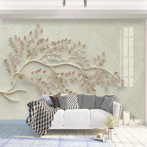 Image of 3D Tan Branch With Leaves Wallpaper Mural, Custom Sizes Available