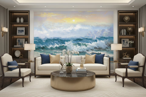 Image of An impressionistic painting of a dramatic ocean scene with rolling blue and white waves under a pale yellow sun and soft clouds.